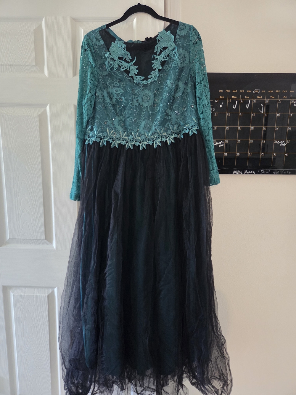 Vintage Teal Lace Bodice with Black Tulle Long Sleeve Midi Dress - Picture 2 of 7
